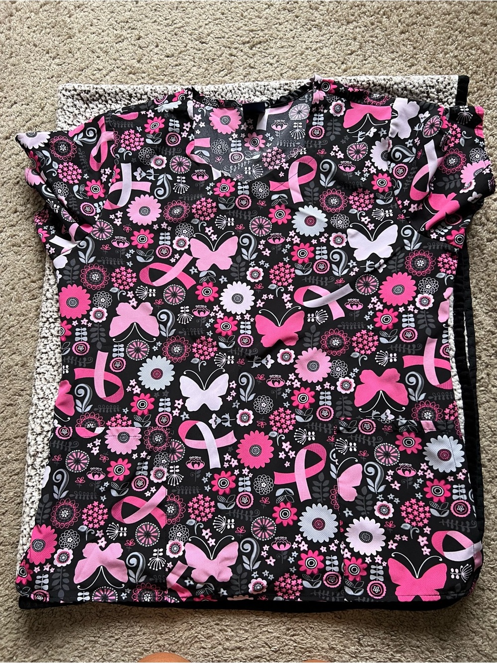 WonderWink Black Top with Pink and White Ribbon & Butterfly Print